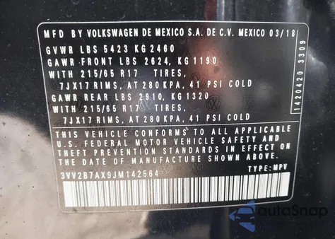 2018 Volkswagen Tiguan 2.0T Se/2.0T Sel from USA, damaged, VIN 3VV2B7AX9JM142564